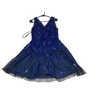 Ashley Lauren Royal Blue Sequin V Neck Flirty Party Dress 14 formal